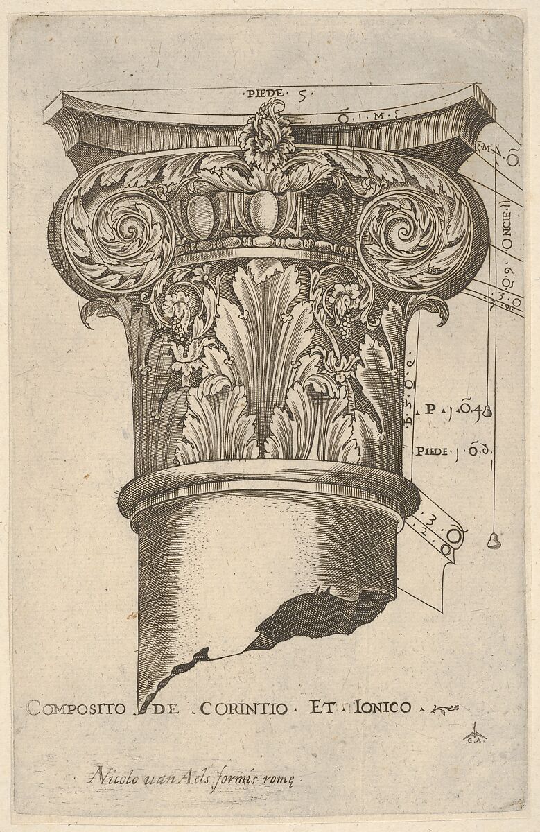 Composite capital with measurements, Monogrammist G.A. &amp; the Caltrop (Italian, 1530–1540), Engraving 