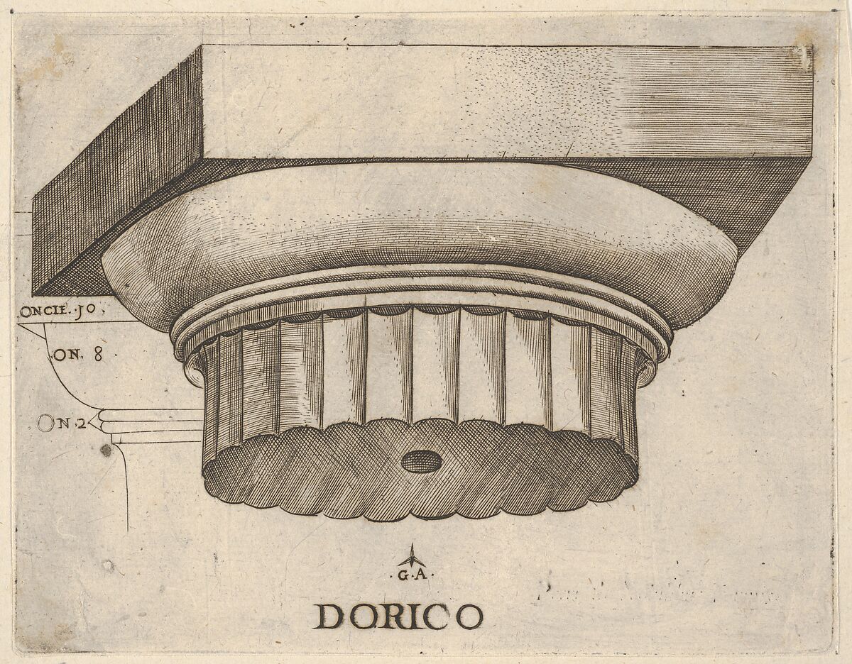Doric capital with measurements, Monogrammist G.A. &amp; the Caltrop (Italian, 1530–1540), Engraving 