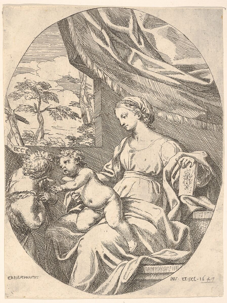 Seated Virgin and Child with Saint John the Baptist, a book rests under the Virgin's proper left hand, the Christ Child reaches toward Saint John, a wall and curtain dividing the figures from landscape beyond, Carlo Maratti (Italian, Camerano 1625–1713 Rome), Etching 