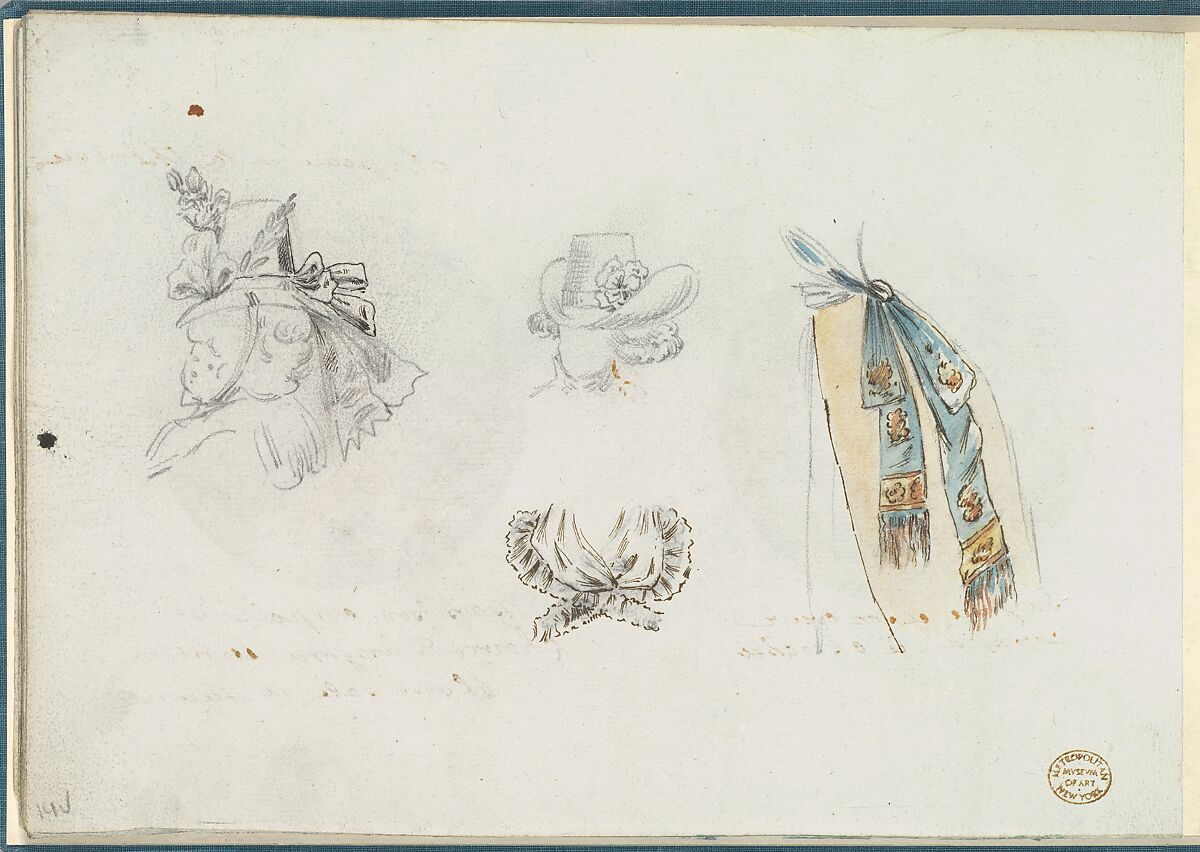 Four Designs of Costume Accessories, Anonymous, French, 18th century, Pen and black ink, graphite, gouache 