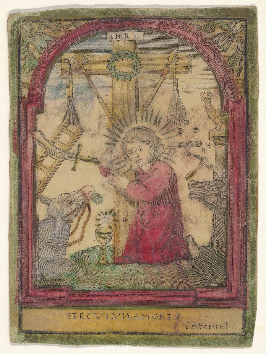 Christ Child with Instruments of the Passion, Anonymous, Engraving with hand coloring on vellum 