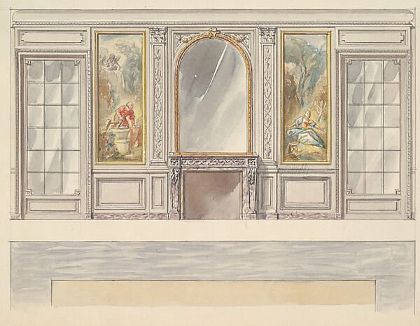 Design for a Wall Elevation with a Chimney Piece, Two Painted Panels (Fourth Floor), Mewès and Davis (active London and Paris, from 1900), Watercolor over graphite 