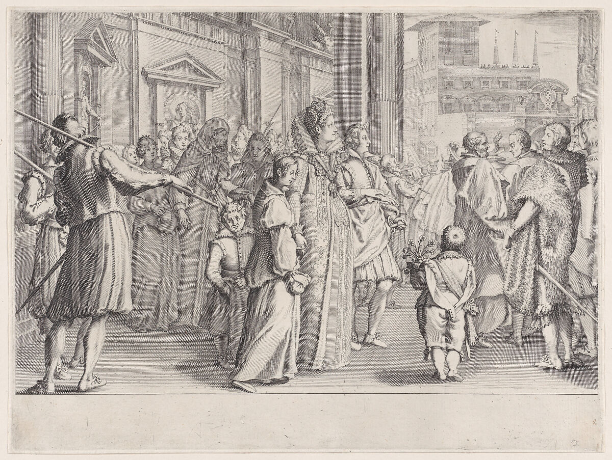 La Grande Duchesse Marie des Jeunes Filles (The Great Duchess Marie des Jeunes Filles), from "La Vie de Ferdinand Ier de Médicis série appelée aussi Les Batailles des Médicis" (The Life of Ferdinand I de'Medici also called The Medici Battles), Jacques Callot (French, Nancy 1592–1635 Nancy), Engraving; first state of two (Lieure) 