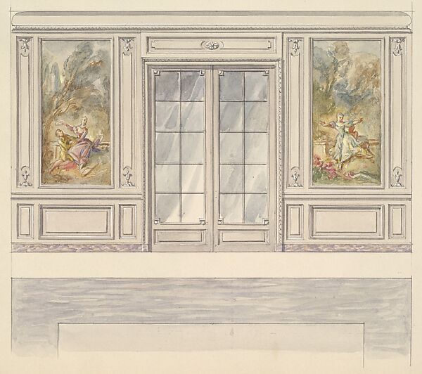 Design for a Wall Elevation with a Double Glass door and Two Painted Panels (Fourth Floor), Mewès and Davis (active London and Paris, from 1900), Watercolor over graphite 