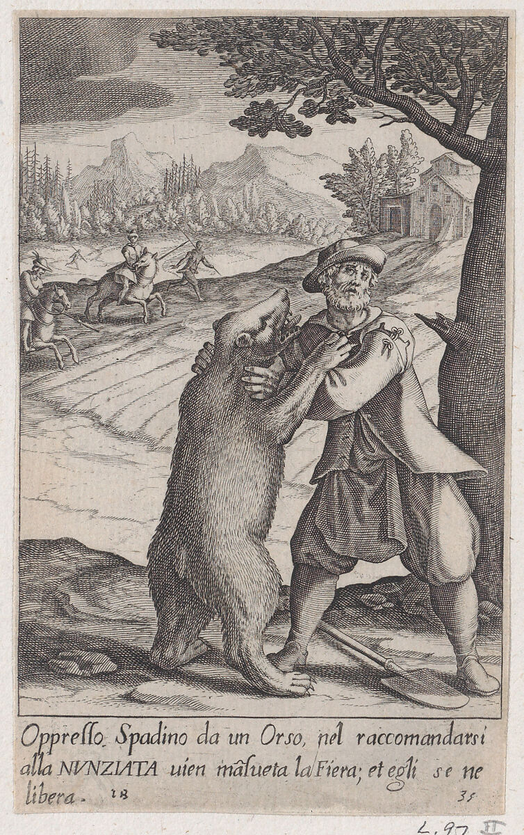 Spadino and the Bear, from Scelta d'Alcuni Miracoli e Grazie della Santissima Nunziata di Firenze (Selection of Some Miracles and Graces that Occurred in the Church of the Annunziata in Florence), Jacques Callot (French, Nancy 1592–1635 Nancy), Engraving; second state of two (Lieure) 