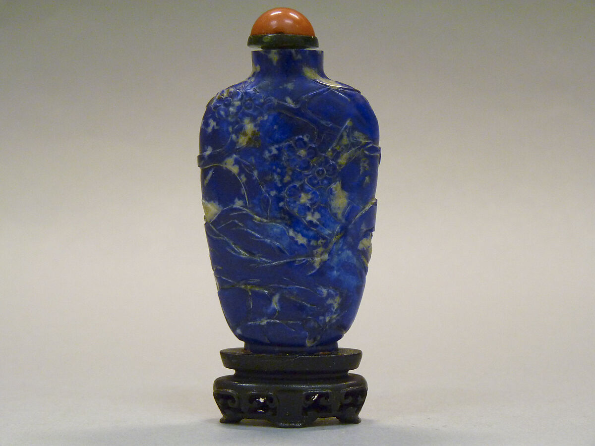 Snuff Bottle, Lapis lazuli with coral stopper, China 