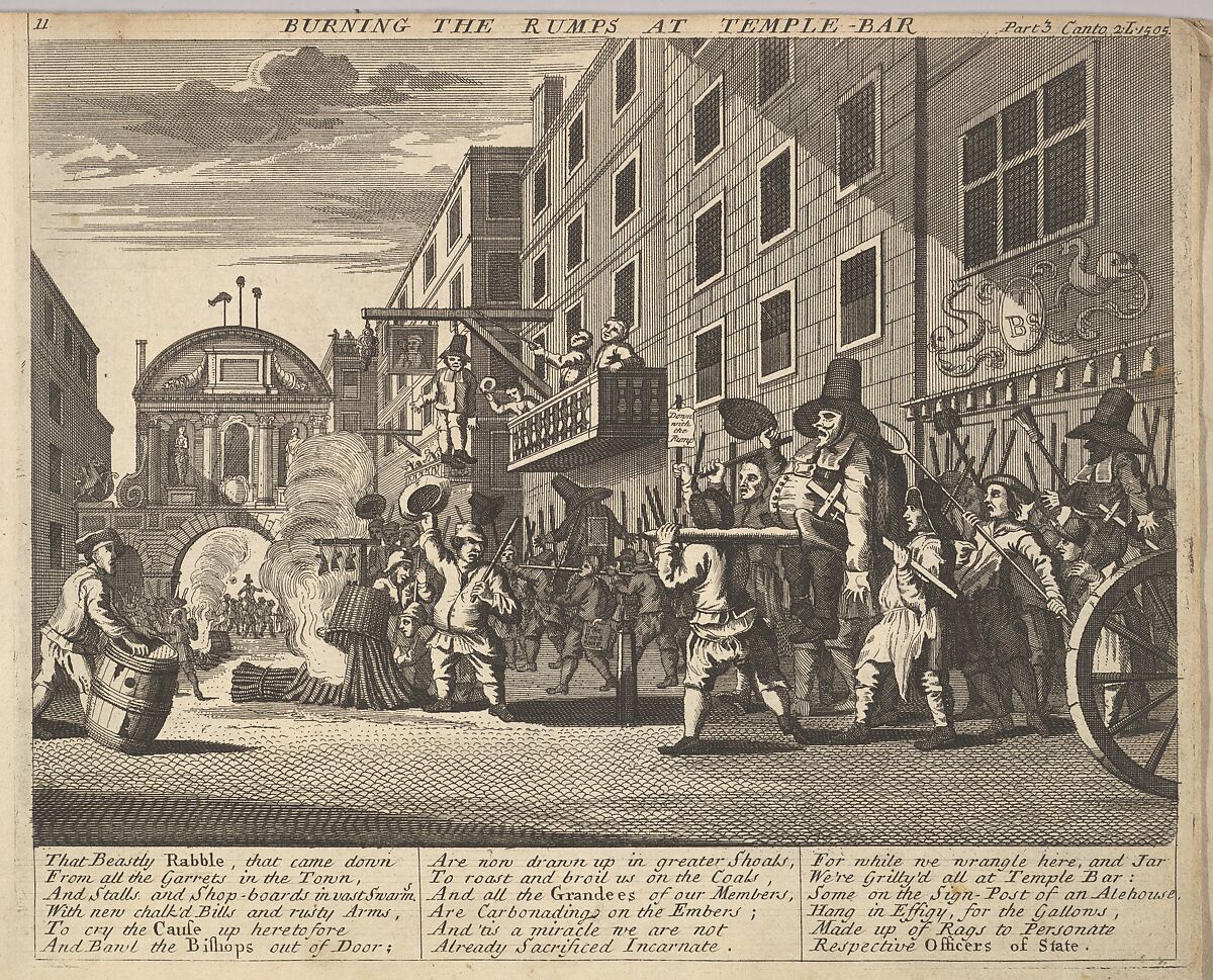 Burning the Rumps at Temple Bar (Plate 11: Illustrations to Samuel Butler's Hudibras), After William Hogarth (British, London 1697–1764 London), Etching and engraving 