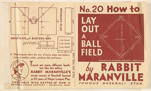 No. 20, How to Lay Out a Ball Field, National Chicle Gum Company, Cambridge, Massachusetts, Commercial Lithograph 
