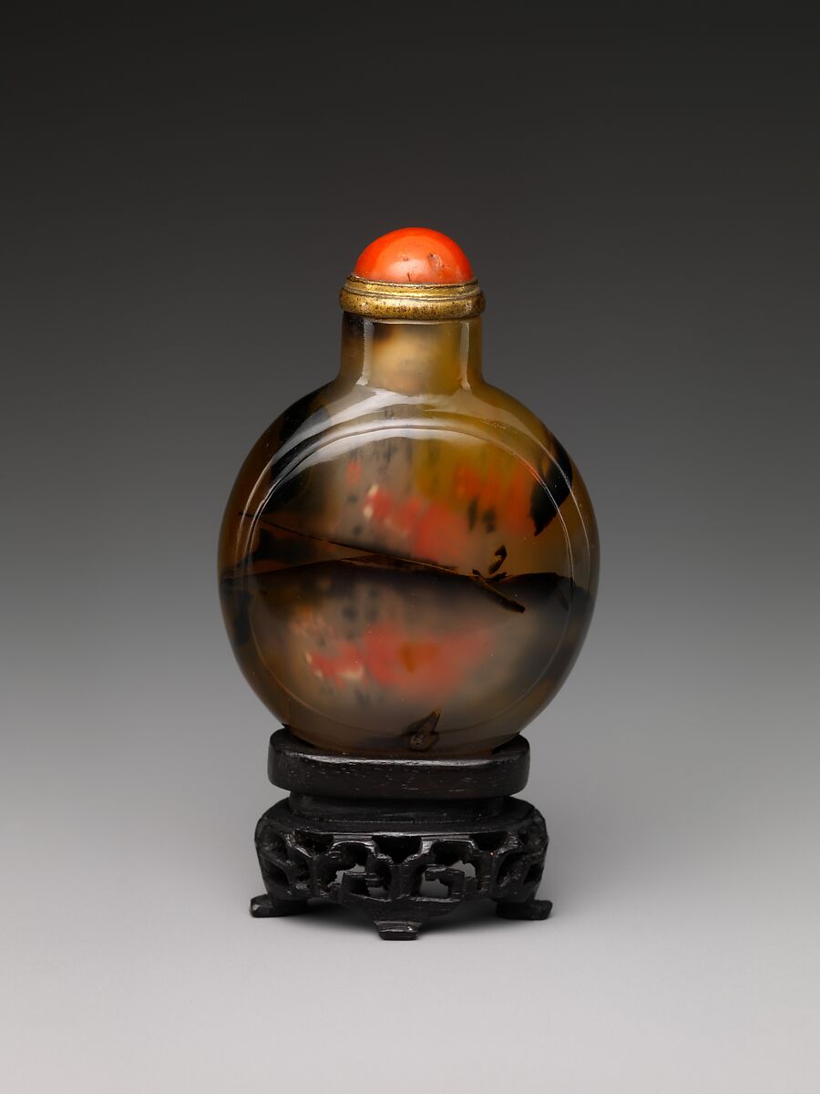 Snuff Bottle, Murrhina agate with coral stopper, China 