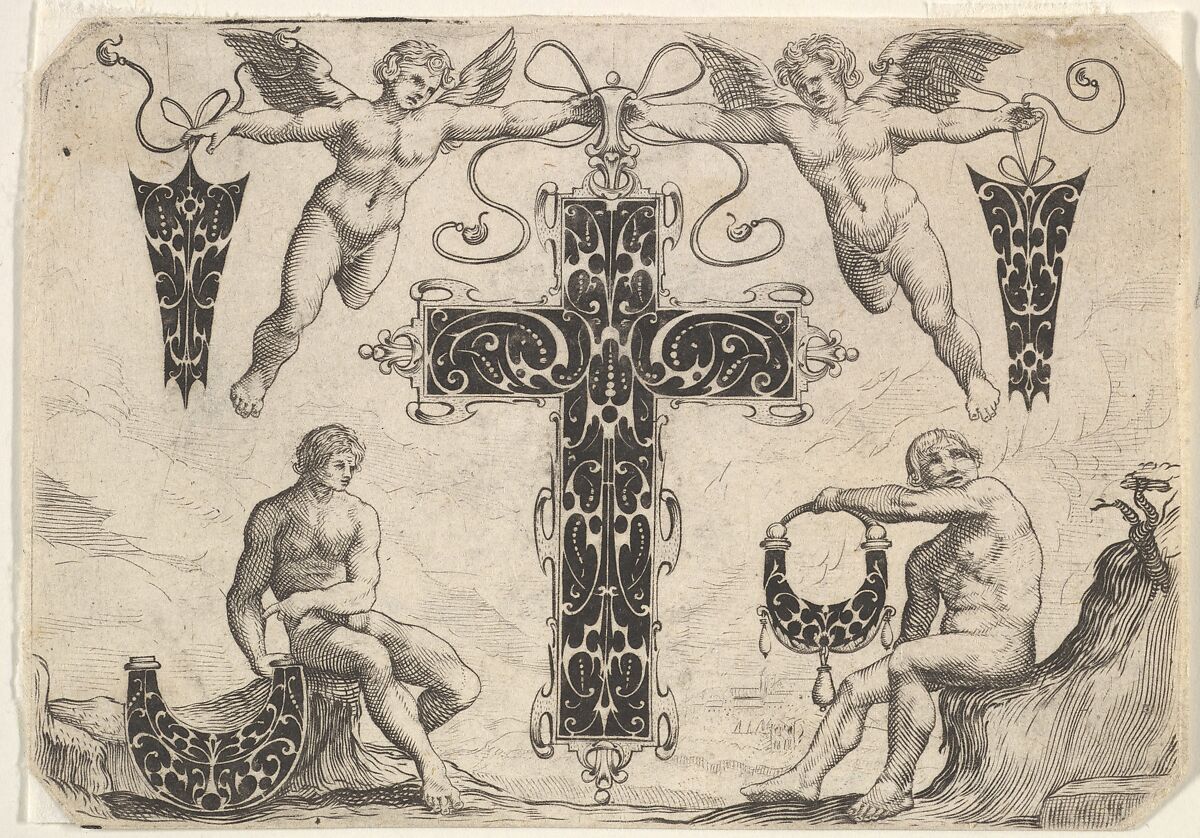 Cross-shaped Pendant and Four Other Motifs, Giovanni Battista Costantini (Italian, active 1615–1628), Blackwork and engraving 