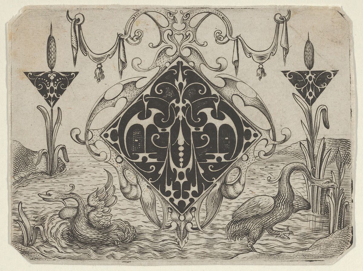 Lozenge-shaped Pendant and Two Triangular Motifs in a Riverscape, Giovanni Battista Costantini (Italian, active 1615–1628), Blackwork and Engraving 