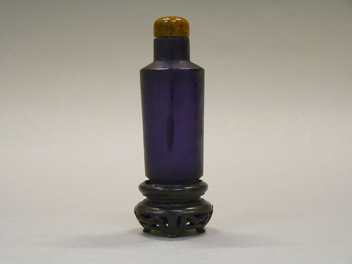 Snuff Bottle, Purple glass with amber stopper, China 