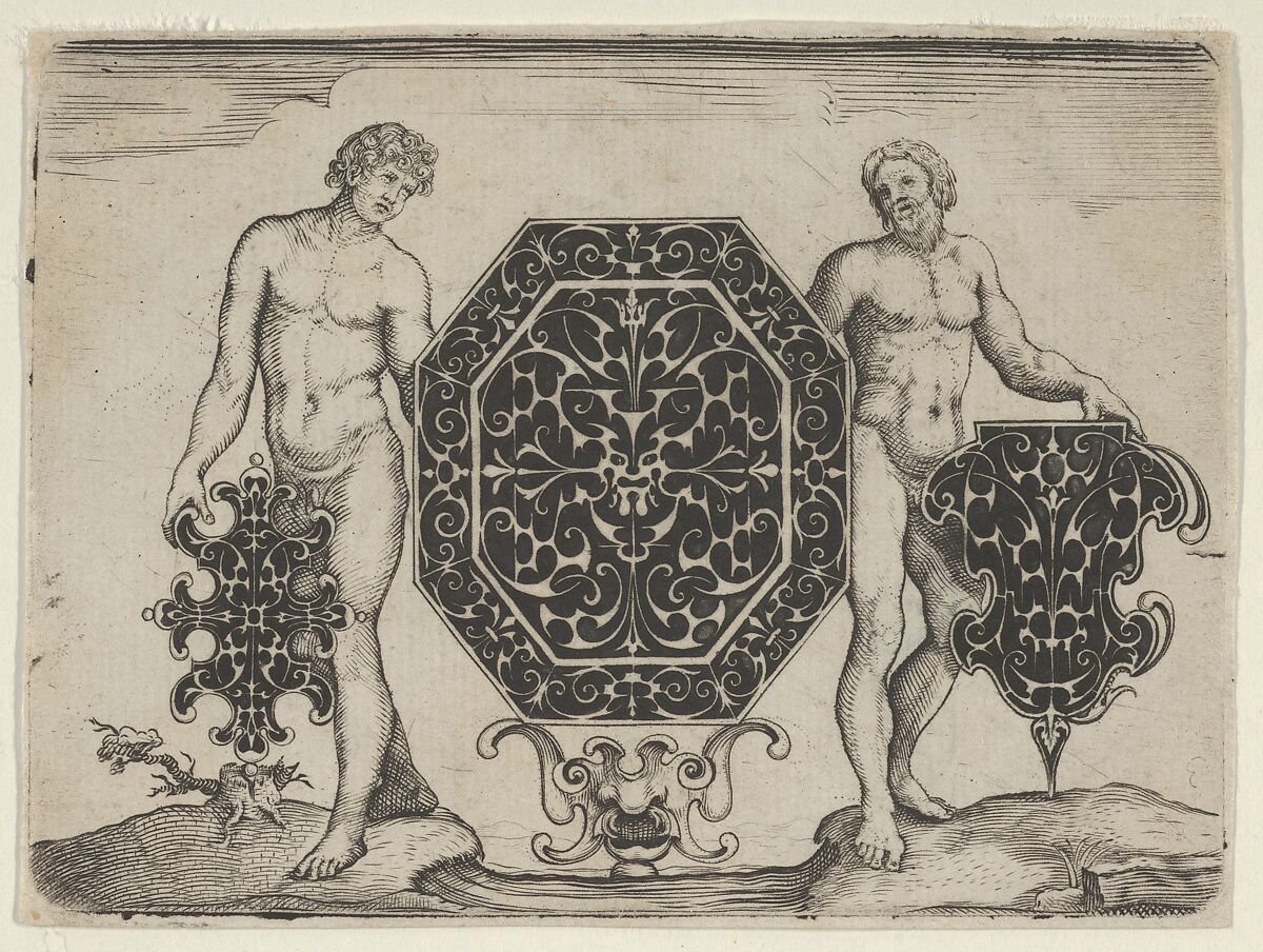 Octagonal Case and Two Other Motifs Held by Ignudi, Giovanni Battista Costantini (Italian, active 1615–1628), Blackwork and Engraving 
