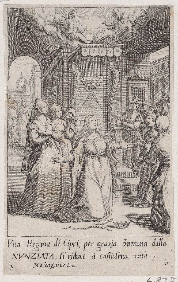 The Queen of Cyprus, from Scelta d'Alcuni Miracoli e Grazie della Santissima Nunziata di Firenze (Selection of Some Miracles and Graces that Occurred in the Church of the Annunziata in Florence), Jacques Callot (French, Nancy 1592–1635 Nancy), Engraving; second state of two (Lieure) 