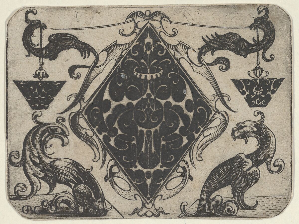 Lozenge-shaped Pendant and Two Trapezoid Motifs, Giovanni Battista Costantini (Italian, active 1615–1628), Blackwork and Engraving 