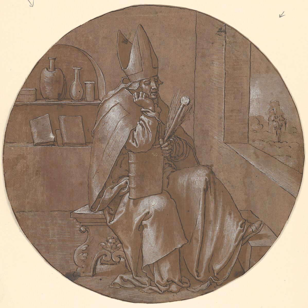 Saint Ambrose Seated in an Interior, Anonymous, Netherlandish, 16th century, Pen and brown ink, brown wash, heightened with white gouache, on off-white paper prepared with brown gouache; framing line in pen and brown ink, by the artist 
