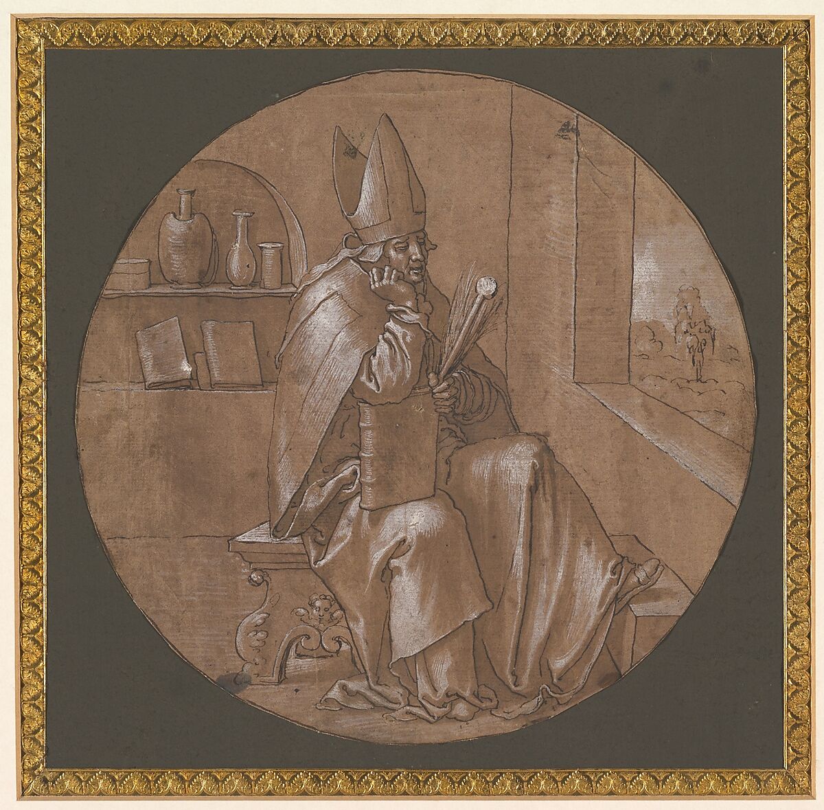 Saint Ambrose Seated in an Interior, Anonymous, Netherlandish, 16th century, Pen and brown ink, brown wash, heightened with white gouache, on off-white paper prepared with brown gouache; framing line in pen and brown ink, by the artist