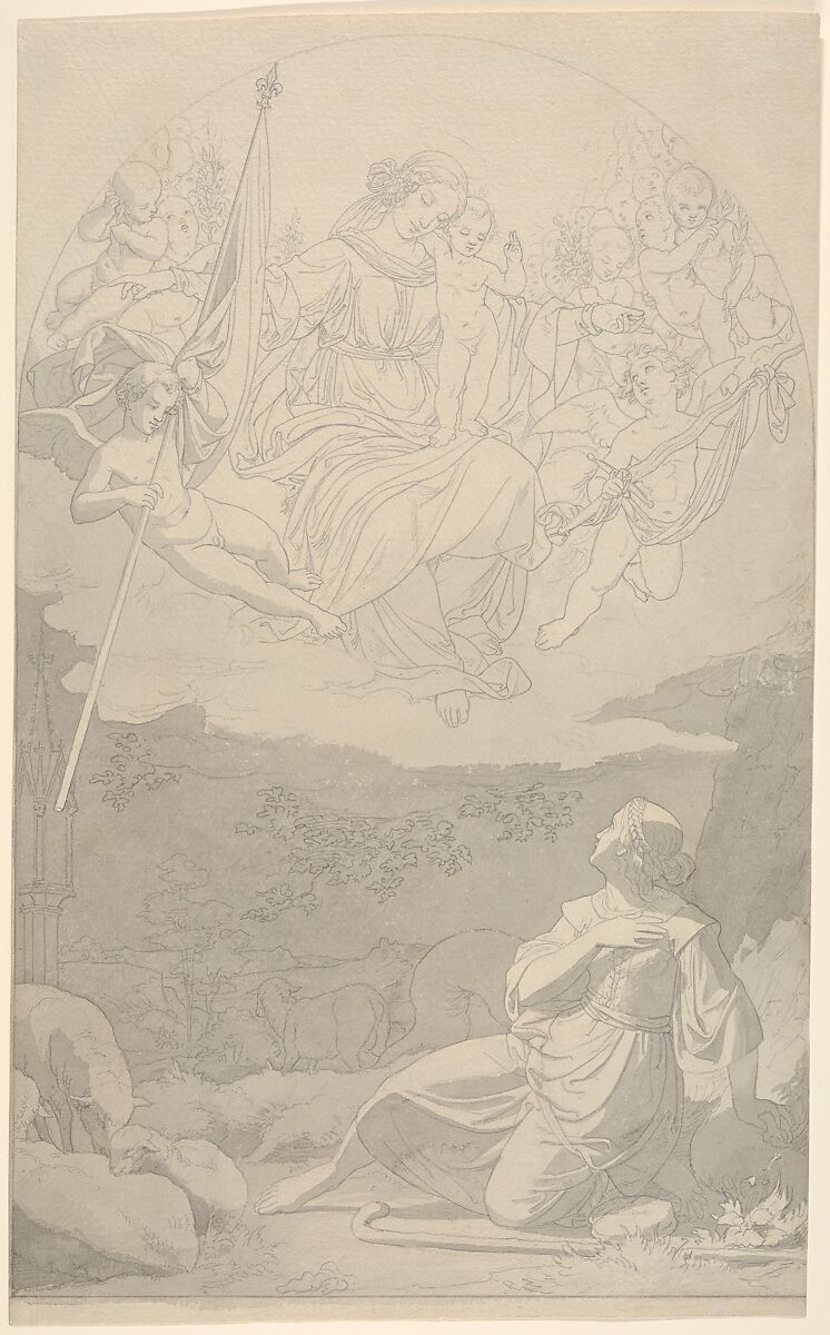 The Vision of Joan of Arc, Eduard Jakob von Steinle (Austrian, Vienna 1810–1886 Frankfurt am Main), Graphite, brush and gray wash; framing lines in graphite 