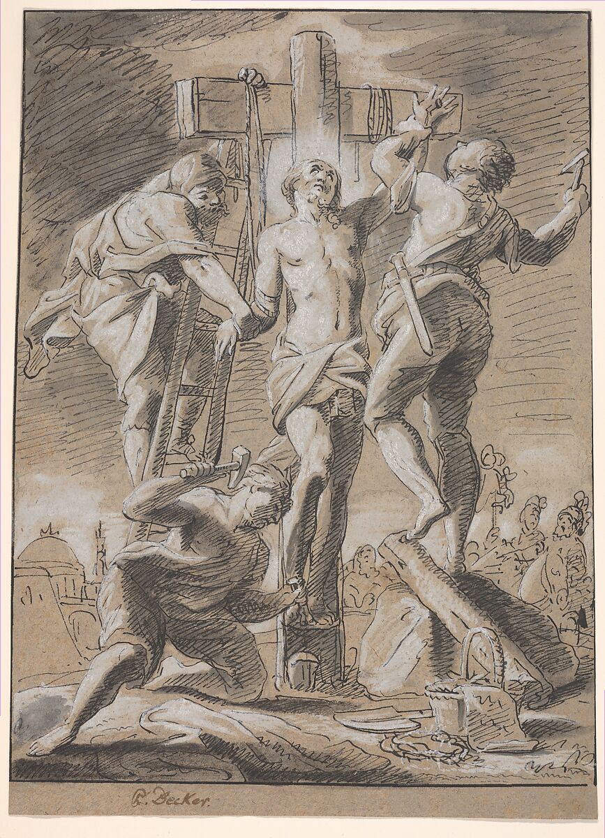 Christ Nailed on the Cross, Paul Decker the Younger (German, Nuremberg 1685–1742 Nuremberg), Pen and black ink, brush and gray ink, heightened with white gouache, on brown paper; framing line in pen and black ink 