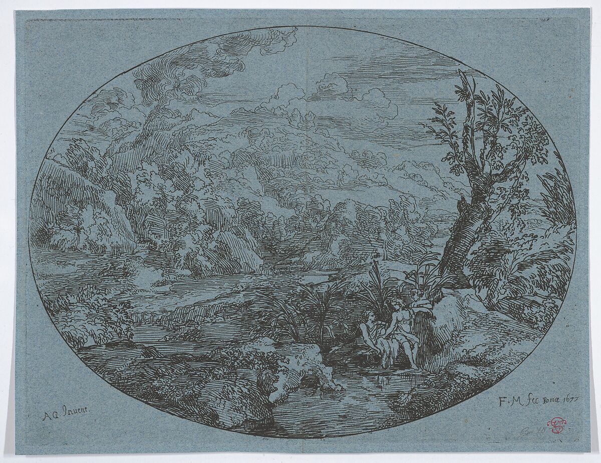 Landscape with Three Figures, Felix Meyer (Swiss, Winterthur 1653–1713 Wyden), Etching printed on blue paper 