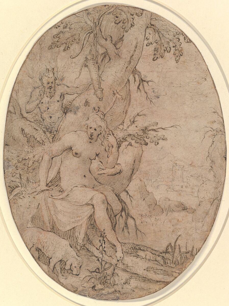 Diana and a Leering Satyr in a Forest, Paulus Willemsz. van Vianen (Netherlandish, Utrecht ca. 1570–ca. 1613/14 Prague), Pen and brown ink, brown wash, over red and black chalk; framing line in pen and brown ink, by the artist 