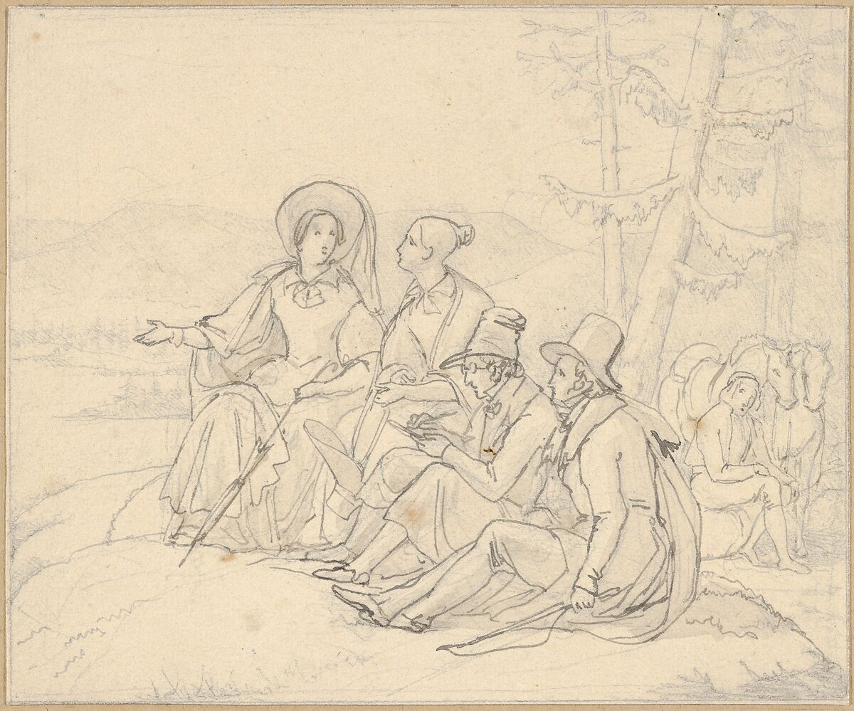 Men and Women Enjoying a View, Martinus Rørbye (Danish, Drammen 1803–1848 Copenhagen), Pen and brown ink, over graphite; framing lines in graphite, by the artist 