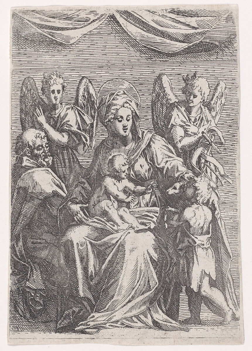 Holy Family with Two Angels, Jacques Callot (French, Nancy 1592–1635 Nancy), Etching and engraving 