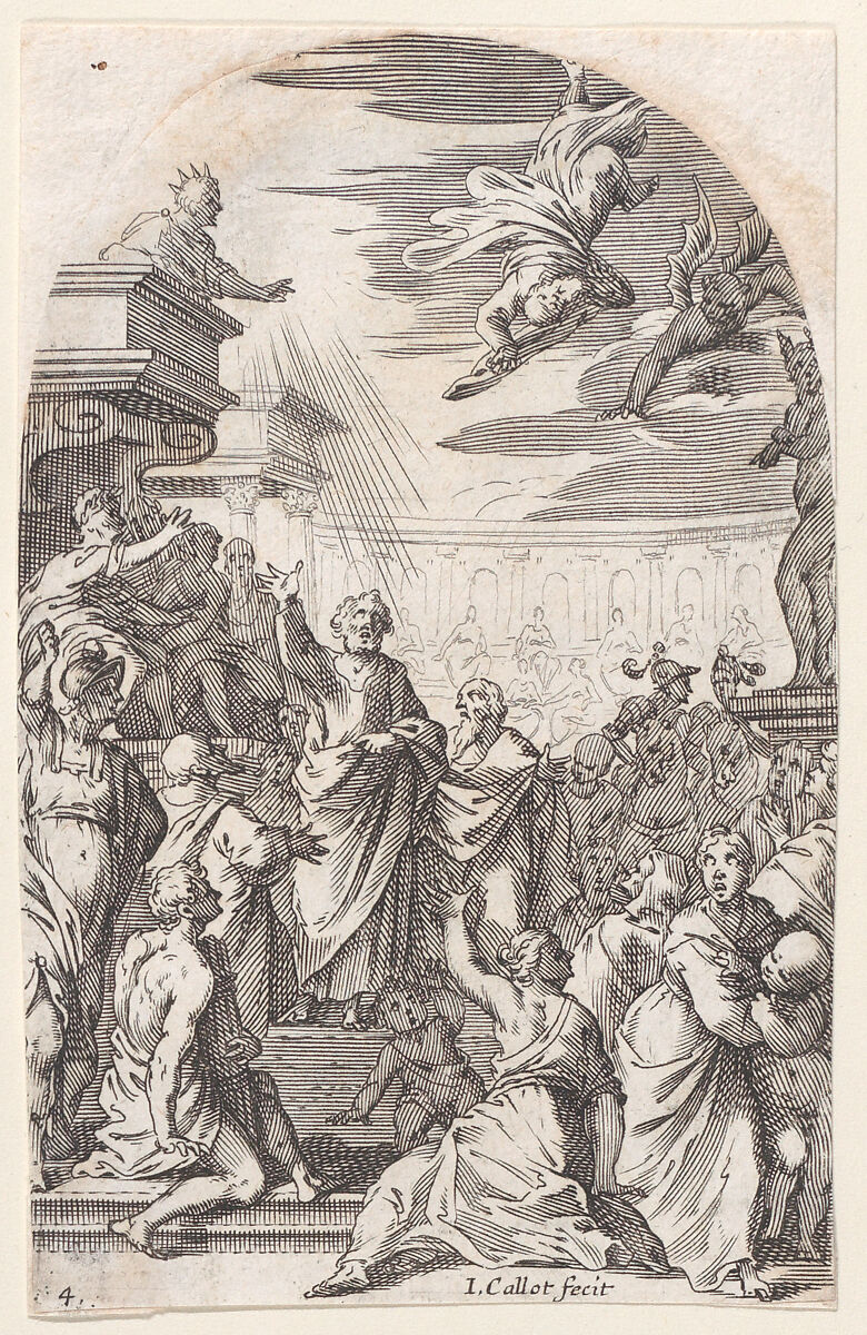 The Fall of Simon the Magician, plate 4 from "Les Tableaux de Rome, Les Eglises Jubilaires" (The Paintings of Rome, The Churches Jubilee), Jacques Callot (French, Nancy 1592–1635 Nancy), Engraving; second state of two (Lieure) 