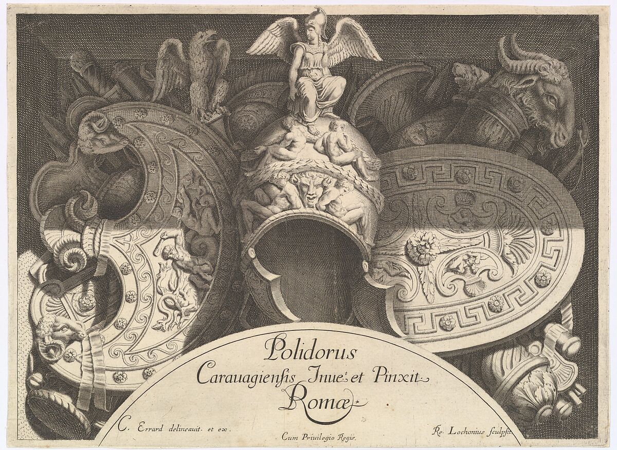 Divers Trophées (Weapon Trophies after the Façade of Palazzo Milesi in Rome), Polidoro da Caravaggio (Italian, Caravaggio ca. 1499–ca. 1543 Messina), Engraving 