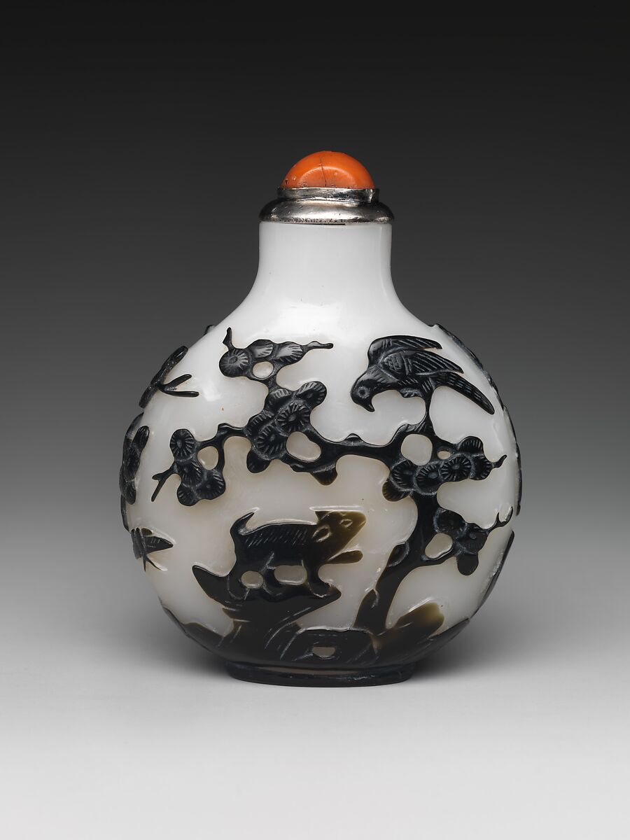 Snuff Bottle, Black and white peking glass with coral stopper, China 