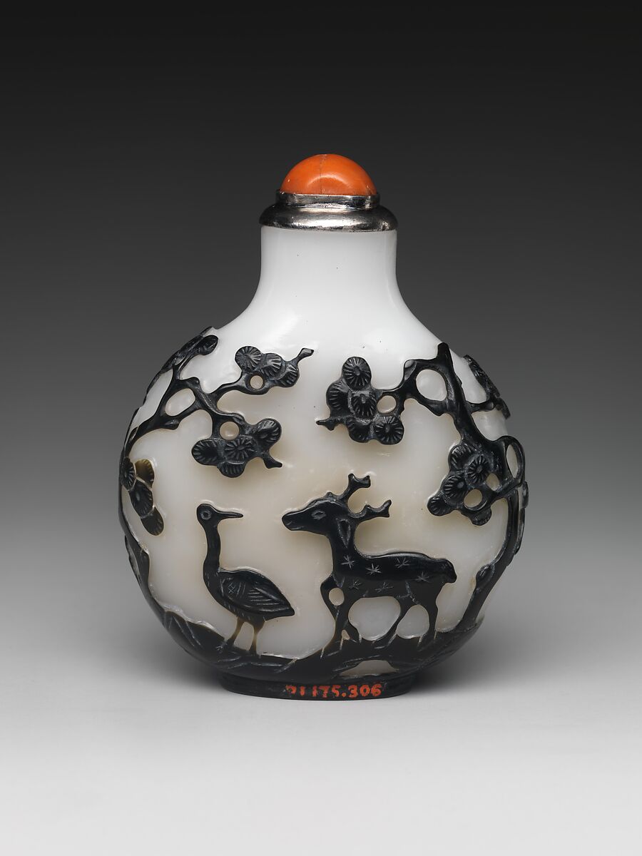 Snuff Bottle, Black and white peking glass with coral stopper, China