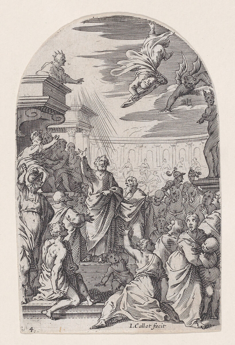 The Fall of Simon the Magician, plate 4 from "Les Tableaux de Rome, Les Eglises Jubilaires" (The Paintings of Rome, The Churches Jubilee), Jacques Callot (French, Nancy 1592–1635 Nancy), Engraving; second state of two (Lieure) 