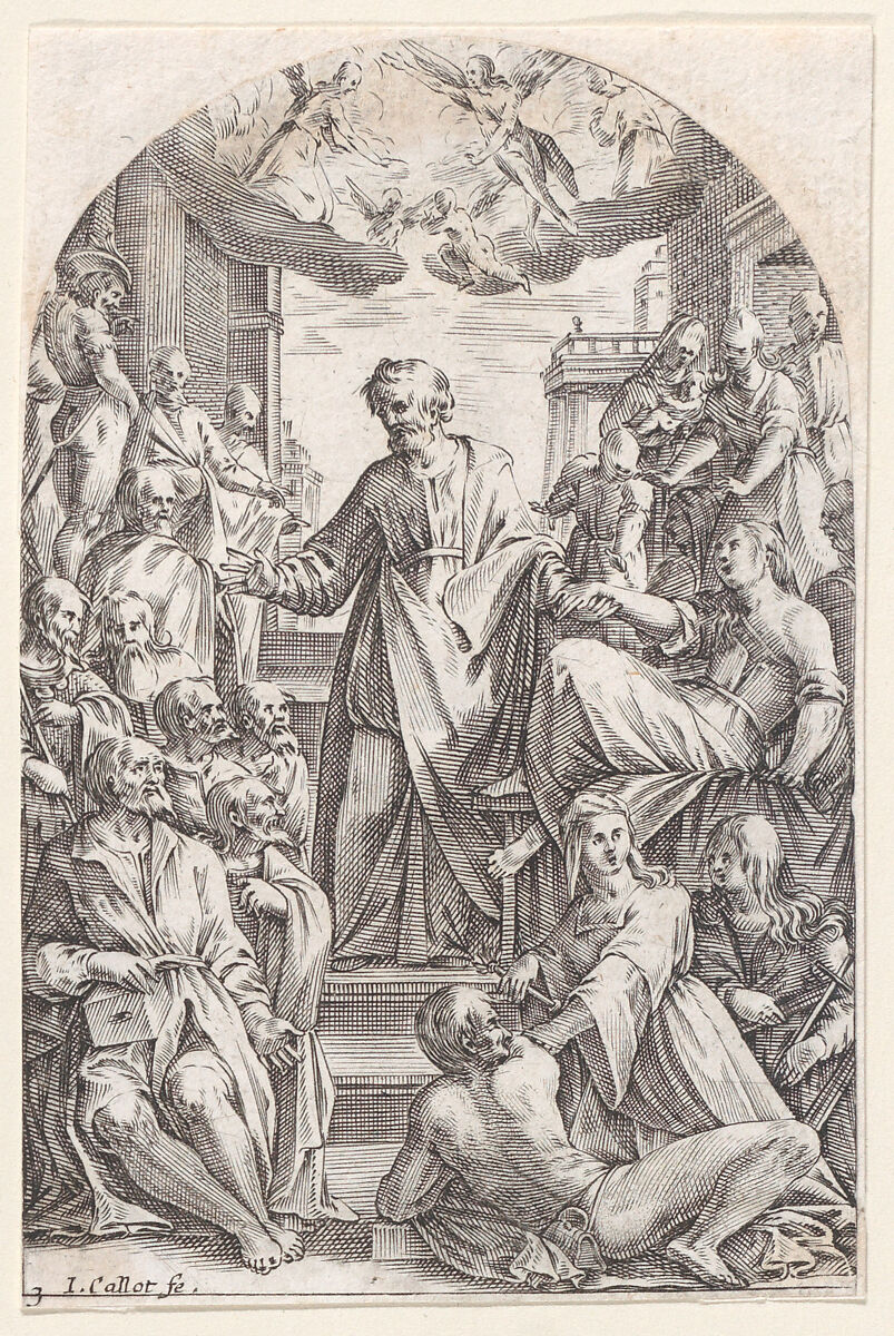 St. Peter Resucitating Tabitha, plate 3 from "Les Tableaux de Rome, Les Eglises Jubilaires" (The Paintings of Rome, The Churches Jubilee), Jacques Callot (French, Nancy 1592–1635 Nancy), Engraving; third state of three (Lieure) 
