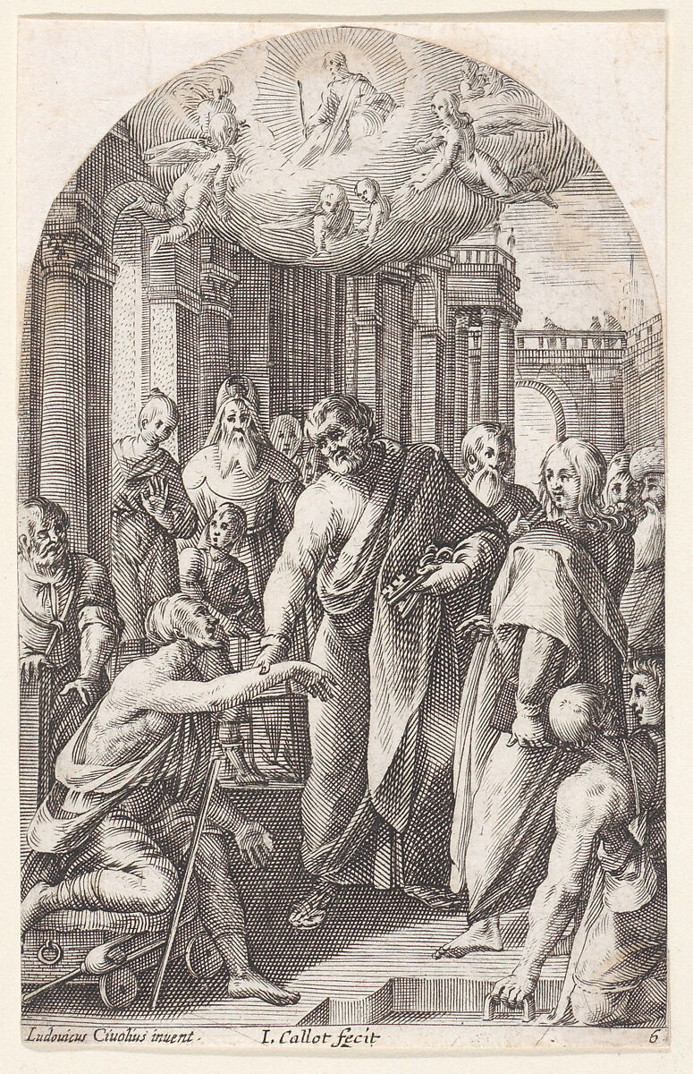 St. Peter and St. John Healing the Lame at the Gates of the Temple, plate 6 from "Les Tableaux de Rome, Les Eglises Jubilaires" (The Paintings of Rome, The Churches Jubilee), Jacques Callot (French, Nancy 1592–1635 Nancy), Engraving; second state of two (Lieure) 