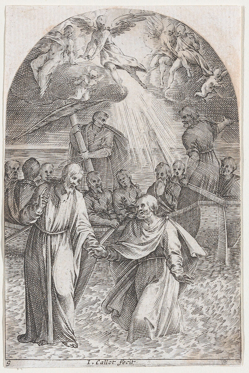 Christ Walking on Water, Holding the Hand of St. Peter (Second Composition), plate 9 from "Les Tableaux de Rome, Les Eglises Jubilaires" (The Paintings of Rome, The Churches Jubilee), Jacques Callot (French, Nancy 1592–1635 Nancy), Engraving; second state of three (Lieure) 