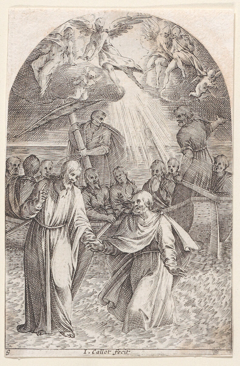 Christ Walking on Water, Holding the Hand of St. Peter (Second Composition), plate 9 from "Les Tableaux de Rome, Les Eglises Jubilaires" (The Paintings of Rome, The Churches Jubilee), Jacques Callot (French, Nancy 1592–1635 Nancy), Engraving; second state of three (Lieure)