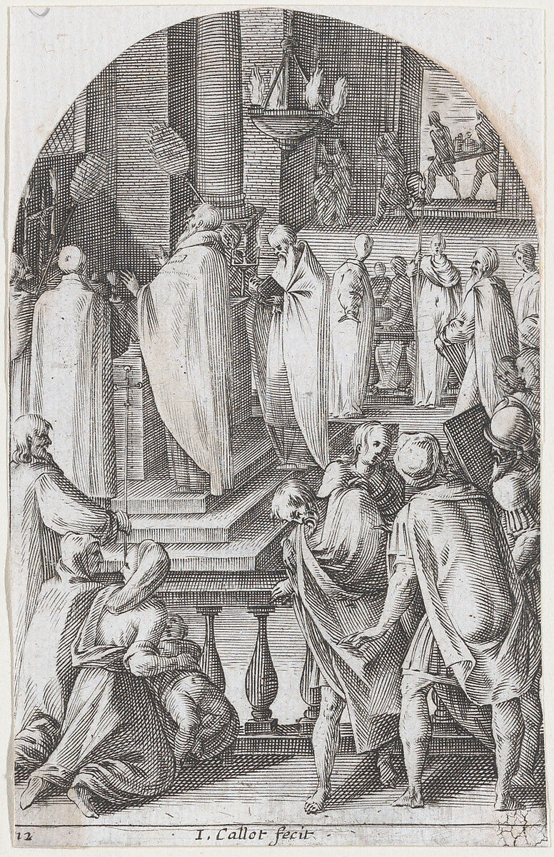 St. Basil Celebrating the Sacrifice of the Mass [The Celebration of the Holy Mysteries], plate 12 from "Les Tableaux de Rome, Les Eglises Jubilaires" (The Paintings of Rome, The Churches Jubilee), Jacques Callot (French, Nancy 1592–1635 Nancy), Engraving; second state of two (Lieure) 
