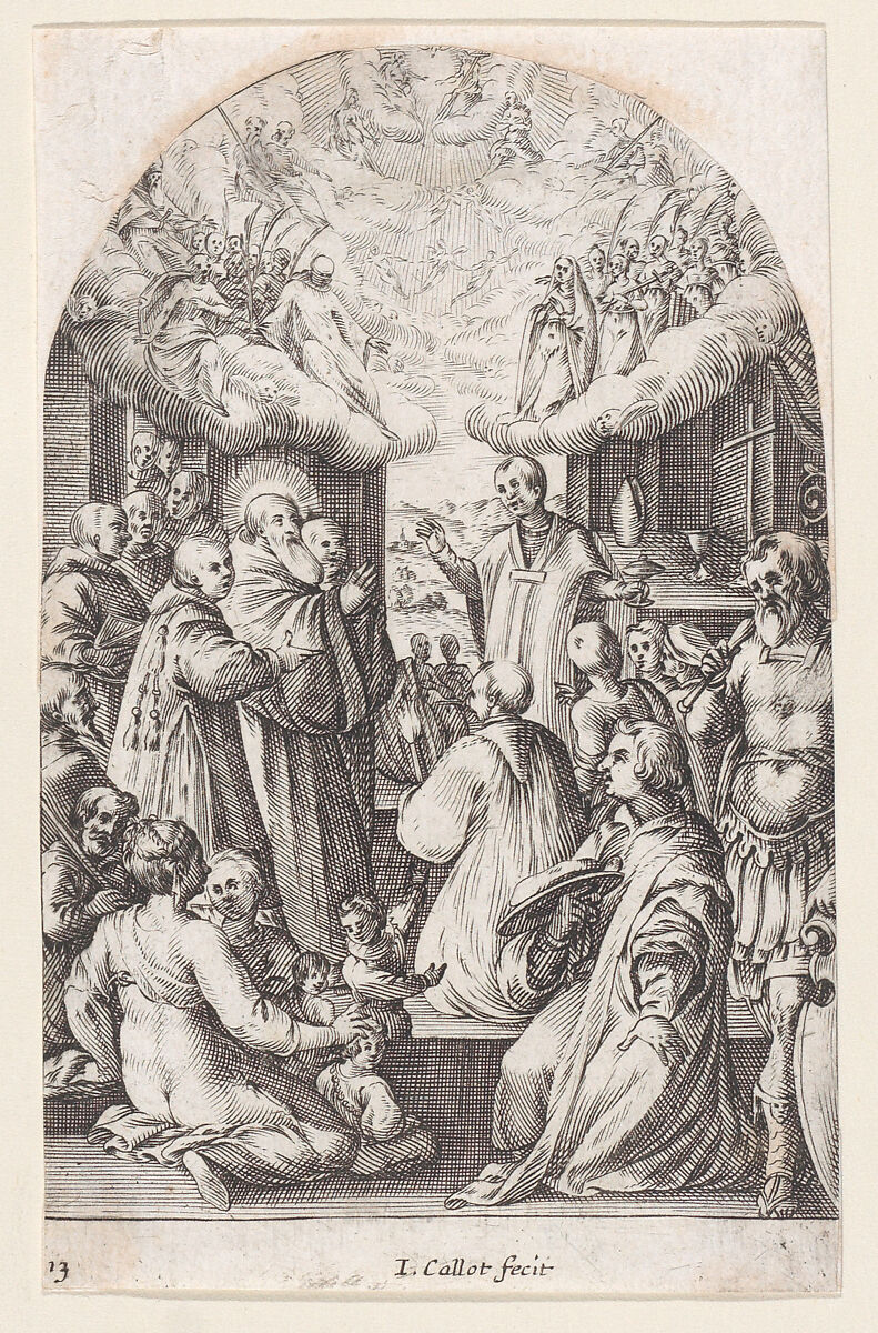 The Death of St. Benedict, plate 13 from "Les Eglises Jubilaires" (The Paintings of Rome, The Churches Jubilee), Jacques Callot (French, Nancy 1592–1635 Nancy), Engraving; second state of two (Lieure)