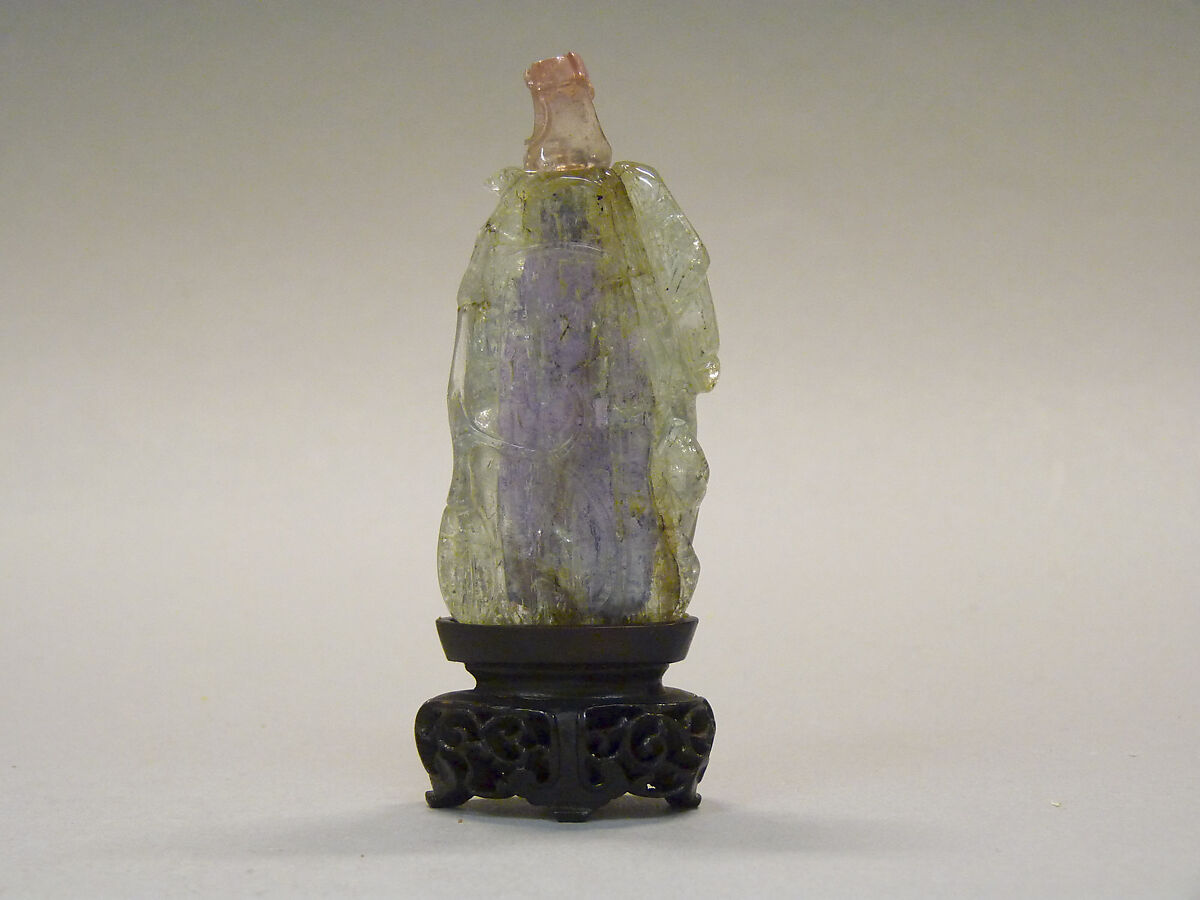 Snuff Bottle, Green tourmaline, the interior stained blue, with pink tourmaline stopper, wood stand, China 
