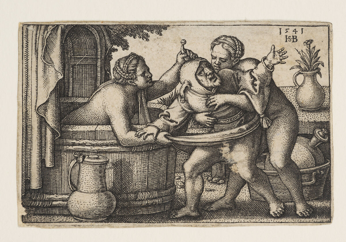 Buffoon and the Two Bathing Women, Sebald Beham  German, Engraving