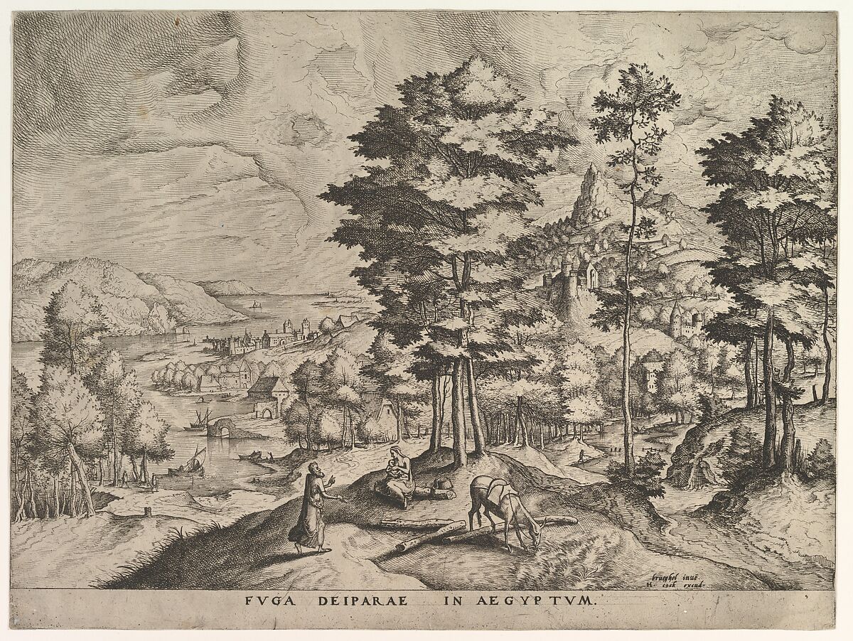 Flight into Egypt (Fuga deiparae in Aegyptum) from The Large Landscapes, Johannes van Doetecum I (Netherlandish, 1528/32–1605), Etching and engraving; second state of two 
