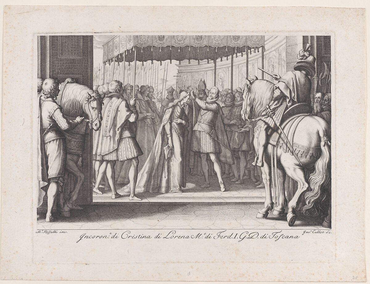 Couronnement de La Grande Duchesse (The Coronation of the Grand Duchesse), from "La Vie de Ferdinand Ier de Médicis série appelée aussi Les Batailles des Médicis" (The Life of Ferdinand I de'Medici also called The Medici Battles), Jacques Callot (French, Nancy 1592–1635 Nancy), Engraving; second state of two (Lieure) 