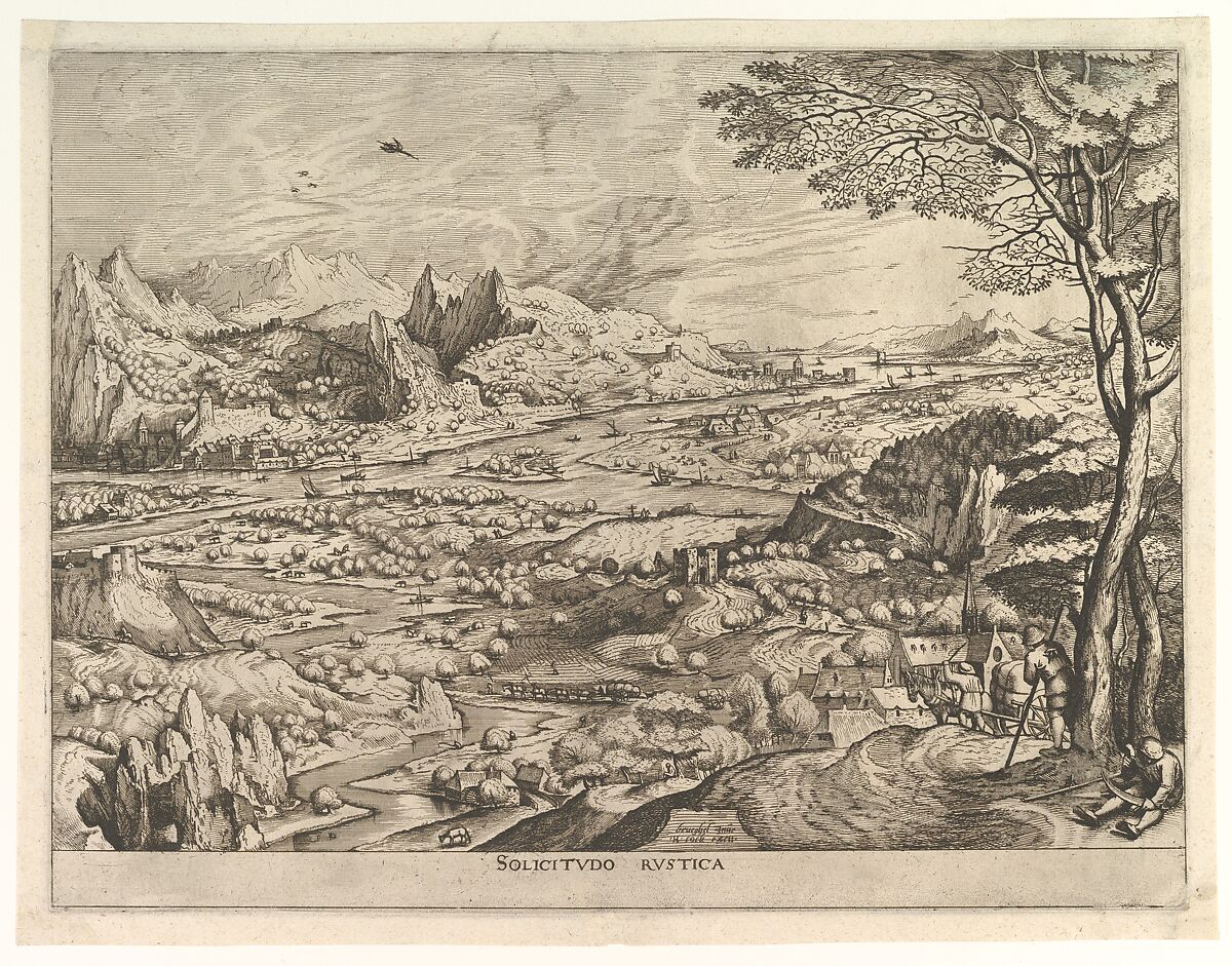 Rustic Solicitude (Solicitudo rustica) from The Large Landscapes, Johannes van Doetecum I (Netherlandish, 1528/32–1605), Etching and engraving; first state of two 
