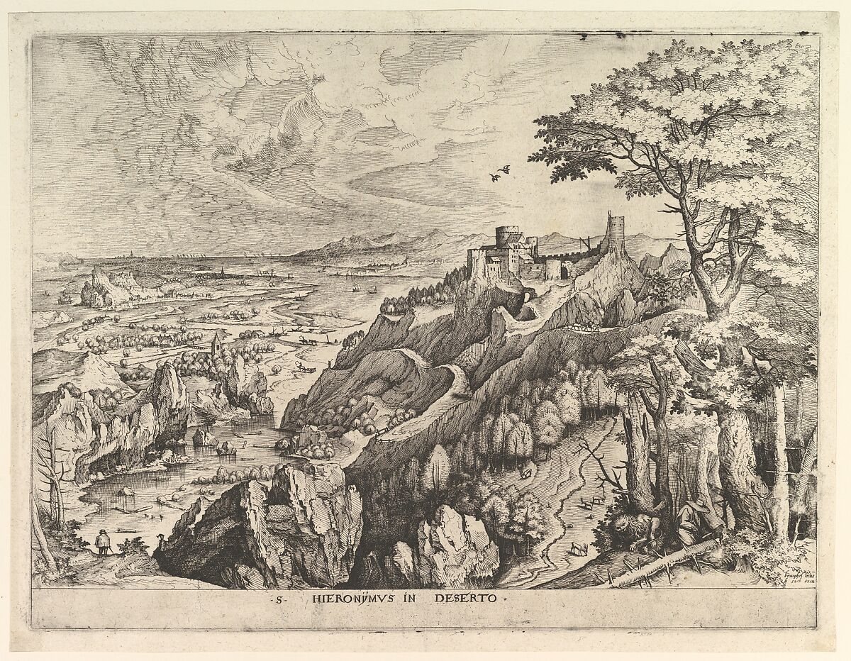 St. Jerome in the Wilderness (S. Hieronymus in Deserto) from The Large Landscapes, Johannes van Doetecum I (Netherlandish, 1528/32–1605), Etching and engraving 