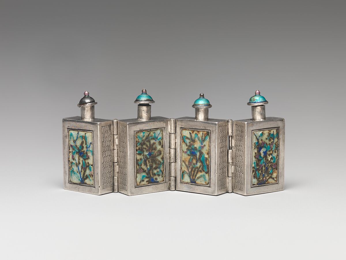 Hinged Snuff Bottles, Silver with painted enamel panels and enamel stoppers, China
