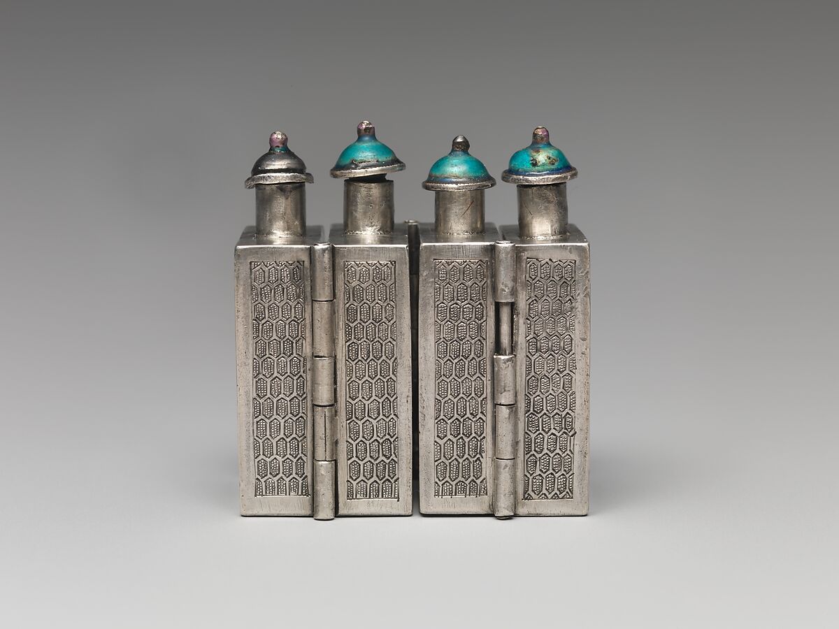 Hinged Snuff Bottles, Silver with painted enamel panels and enamel stoppers, China