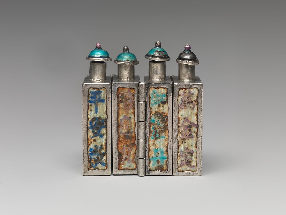 Hinged Snuff Bottles, Silver with painted enamel panels and enamel stoppers, China