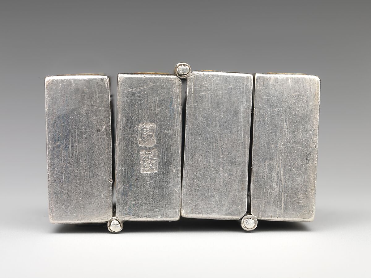 Hinged Snuff Bottles, Silver with painted enamel panels and enamel stoppers, China