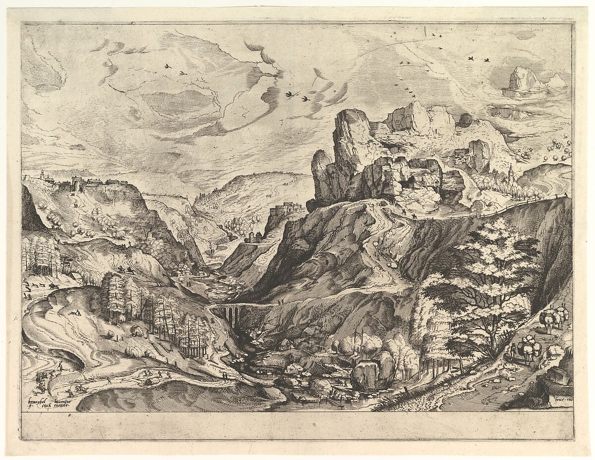 Alpine Landscape with a Deep Valley from The Large Landscapes, Johannes van Doetecum I (Netherlandish, 1528/32–1605), Etching and engraving; second state of two 