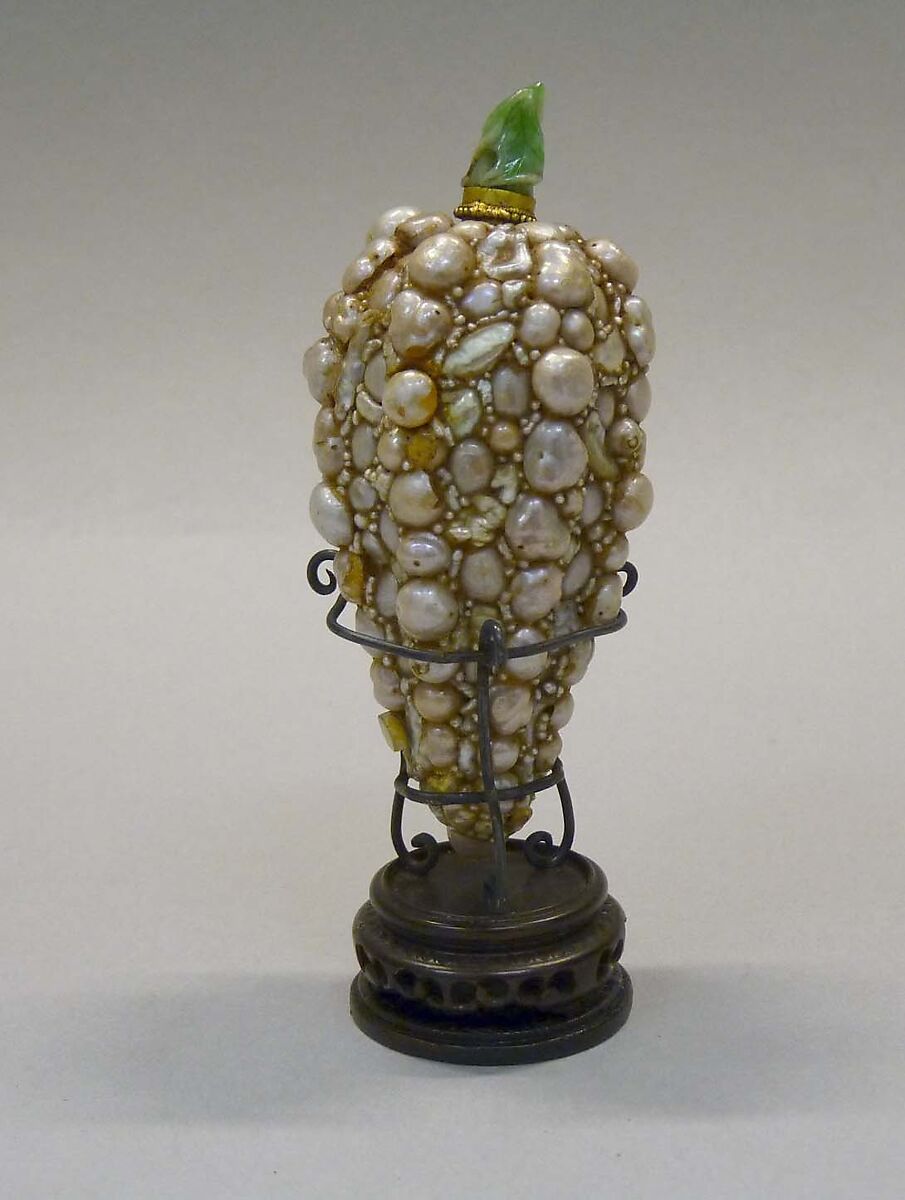 Snuff Bottle, Baroque seed pearls, green jadeite stopper, China 